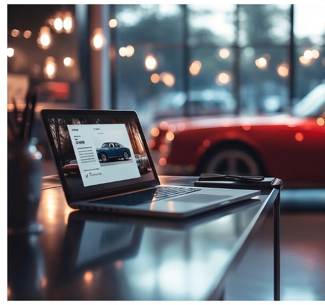 Oldtimer-Showroom mit Laptop und Angebotsunterlagen